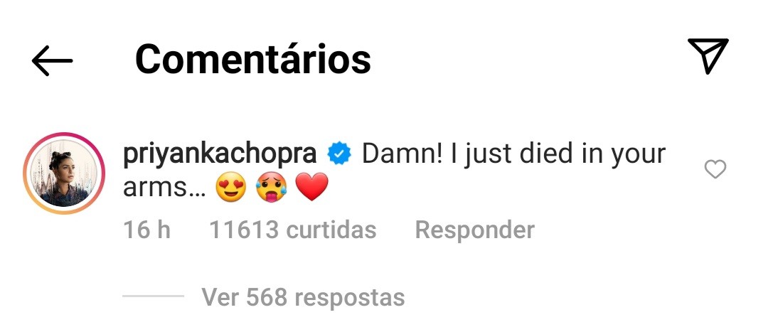 Priyanka Chopra comenta post do marido, Nick Jonas  (Foto: Reprodução / Instagram )