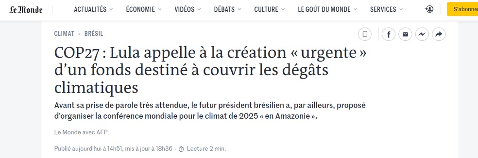 Reprodução do texto do Le Monde sobre Lula na COP27 — Foto: Reprodução/Le Monde