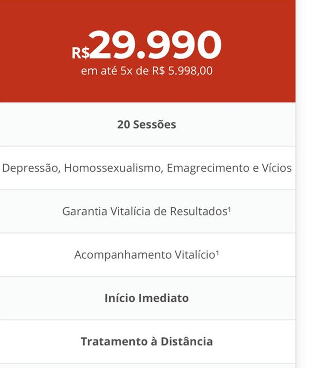 Anúncio em site de clínica de hipnose no DF oferece tratamento para o 'homossexualismo' — Foto: Hipnoticus/Reprodução