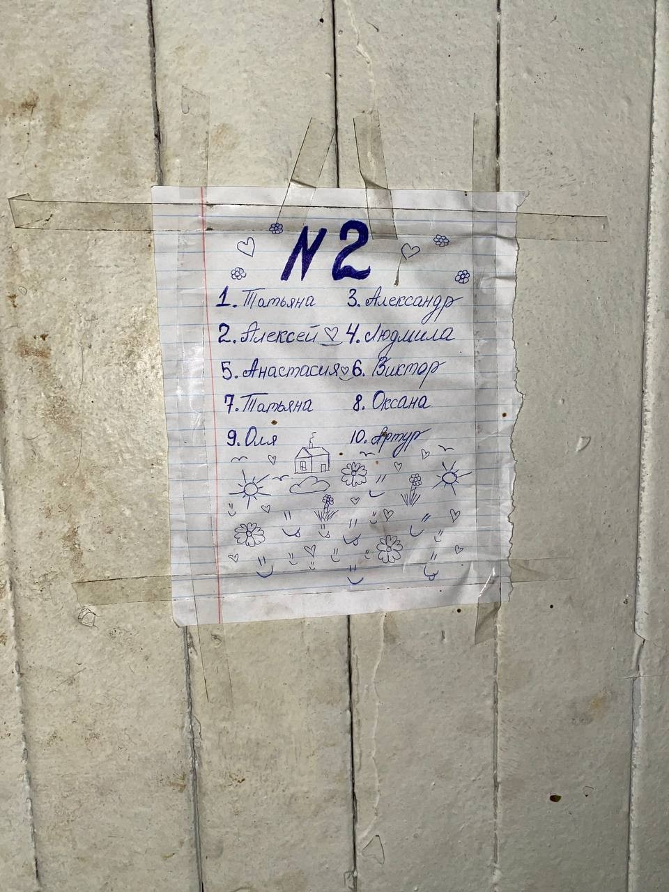 Lista com nomes de crianças que habitam o quarto número , em prédio ocupado por desalojados da guerra em Mariupol — Foto: Ekaterina Diachkova