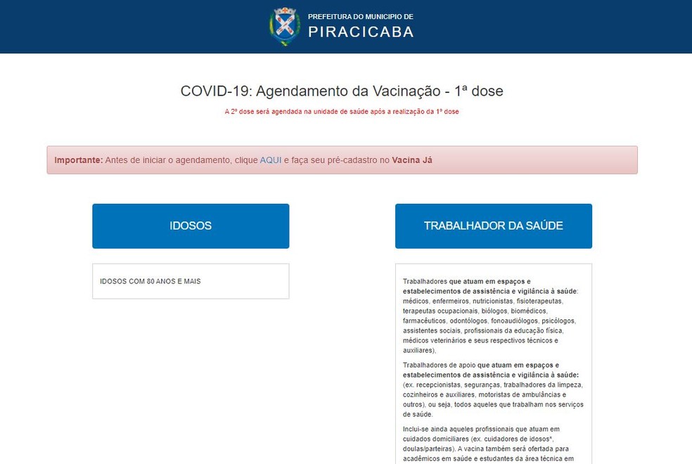 Sistema de agendamento de vacinação contra Covid-19 em Piracicaba — Foto: Reprodução/Prefeitura de Piracicaba