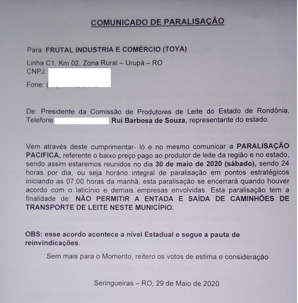 Laticínio afirma ter recebido documento de comissão informando sobre bloqueios — Foto: Reprodução/WhatsApp