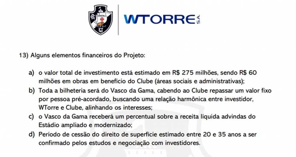 Parte financeira da parceria entre Vasco e WTorre � Foto: Reprodu��o