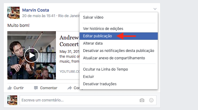 Acessando a tela de edição de uma publicação de vídeo no Facebook (Foto: Reprodução/Marvin Costa)