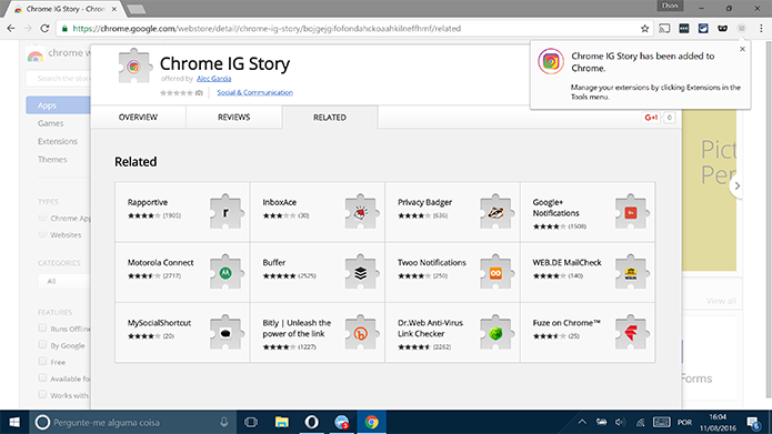 Chrome IG Stories será exibida na barra do Chrome após o fim da instalação (Foto: Reprodução/Elson de Souza)