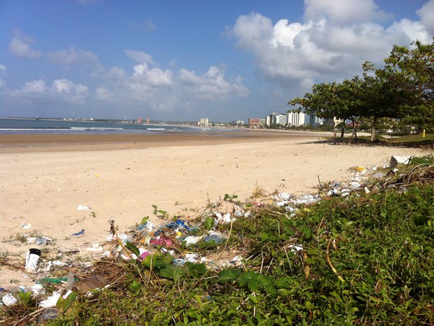 Sujeira aumenta nas praias em períodos de chuva, quando o lixo é trazido por córregos e riachos poluídos que deságuam no mar (Foto: Cau Rodrigues/G1)