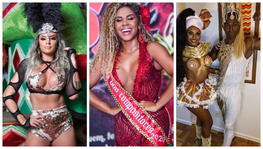 Juju Salimeni segue como rainha da X-9 Paulistana que tem ainda a musa dos compositores Poliana Veiga, a madrinha da escola Tharine Lopes e o muso Igor Maximiliano  — Foto: Celso Tavares/Arquivo Pessoal/Divulgação