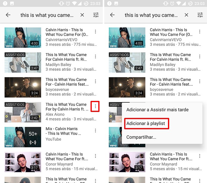 Usuário pode adicionar vídeo às playlists do YouTube a partir de resultados na busca (Foto: Reprodução/Elson de Souza)