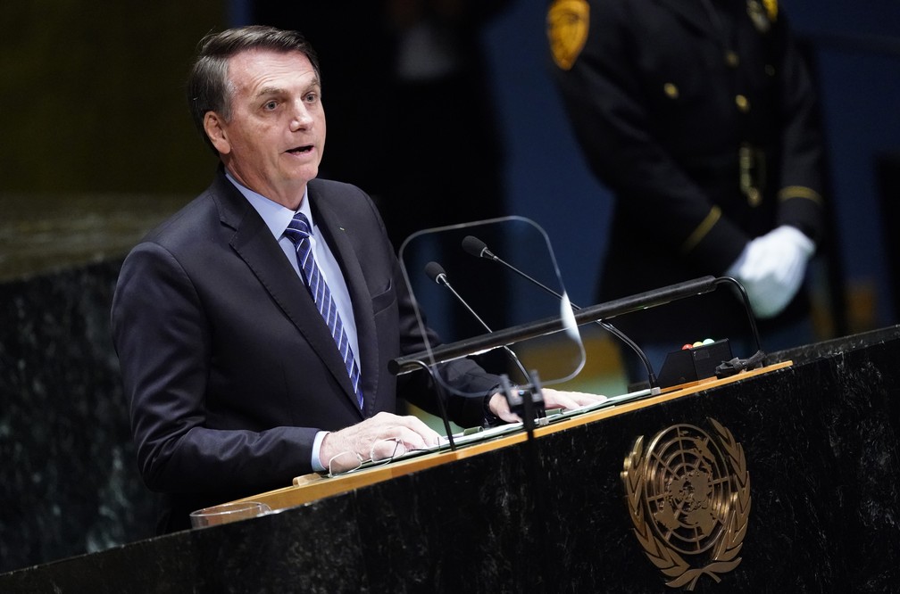 Bolsonaro durante discurso na Assembleia Geral da ONU, nesta terça-feira (24). — Foto: Carlo Allegri/Reuters