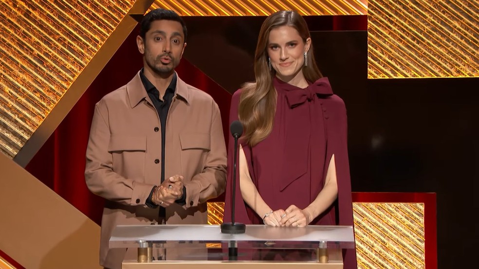 Riz Ahmed e Allison Williams durante apresentação dos indicados ao Oscar 2023 — Foto: Reprodução/Youtube