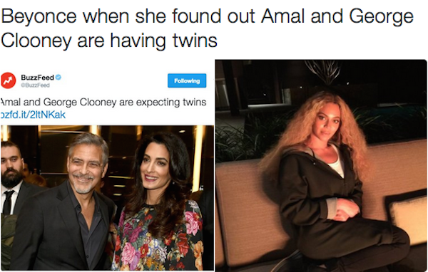 Uma montagem mostra Beyoncé chateada com o anúncio da gravidez de gêmeos de George Clooney e a esposa (Foto: Twitter)
