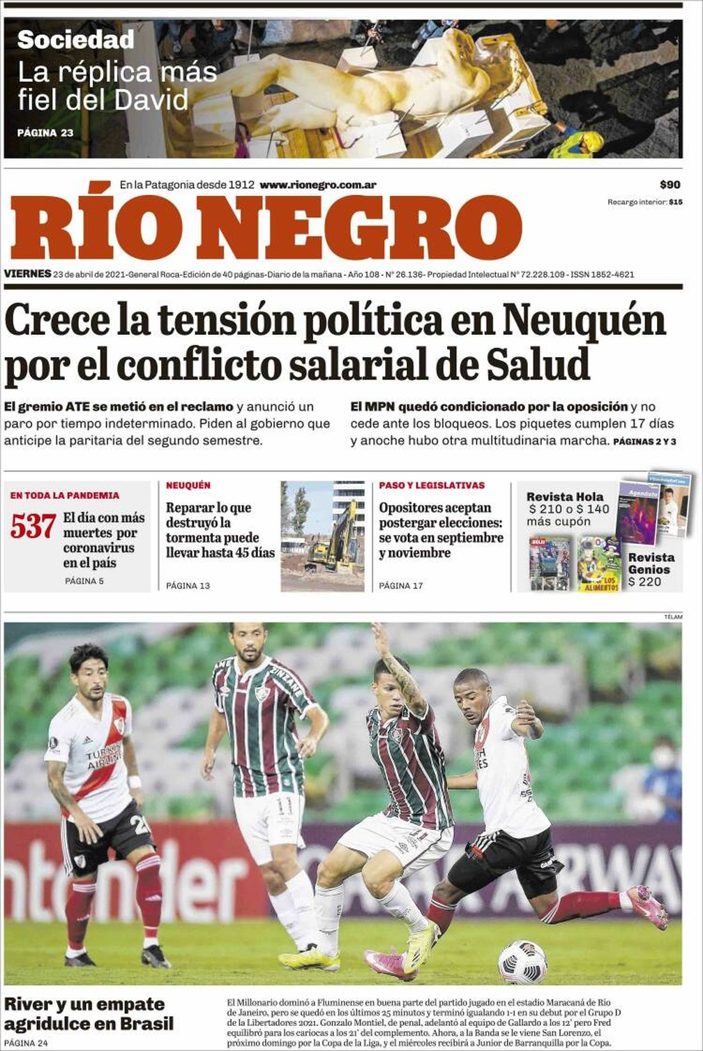 Jornal Río Negro após Fluminense x River Plate — Foto: Divulgação