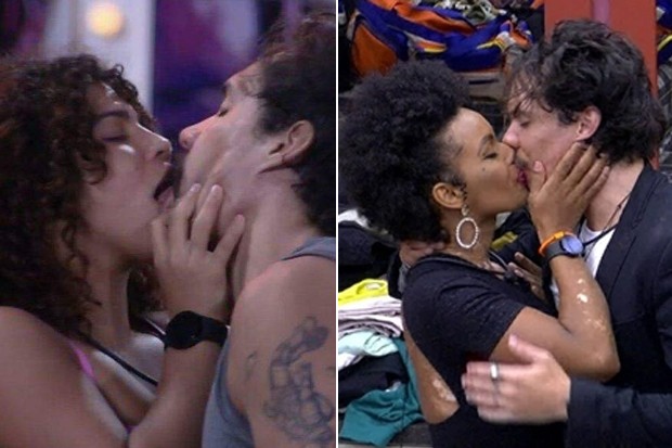 Eliezer beijando Maria e Natalia no BBB22 (Foto: TV Globo/Reprodução)