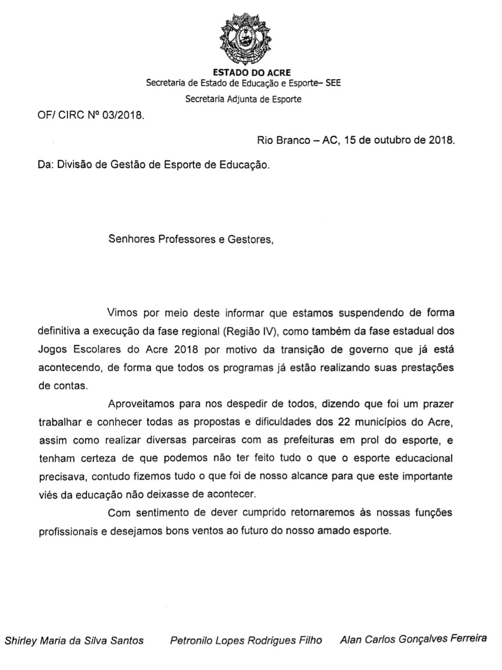 Ofício sobre cancelamento das últimas fases do Jogos Escolares do Acre — Foto: Divulgação/SEEAC