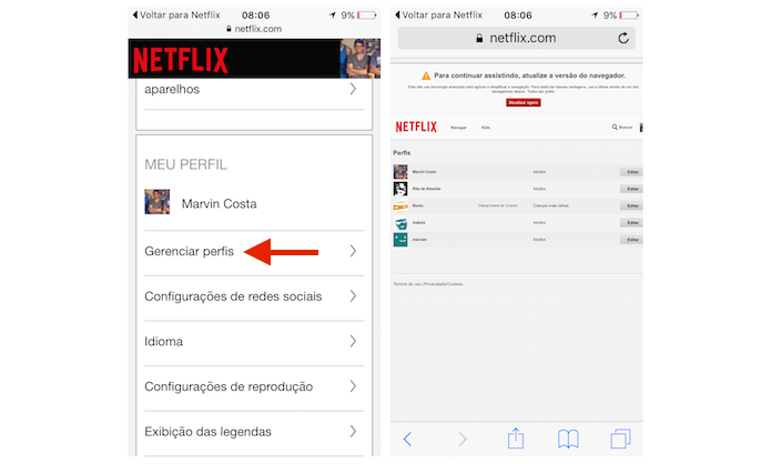 Acessando as configurações de perfis do Netflix pelo iPhone (Foto: Reprodução/Marvin Costa)