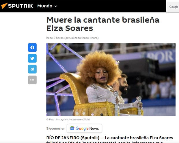 Morte de Elza Soares repercute no Sputnik (Foto: Reprodução)