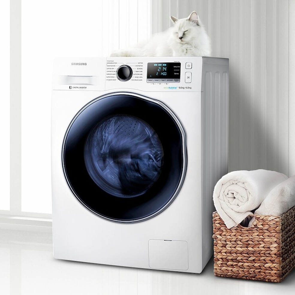 O consumo de energia do modelo WD6000 promete ser 40% menor que as máquinas de lavar tradicionais — Foto: Divulgação/Samsung