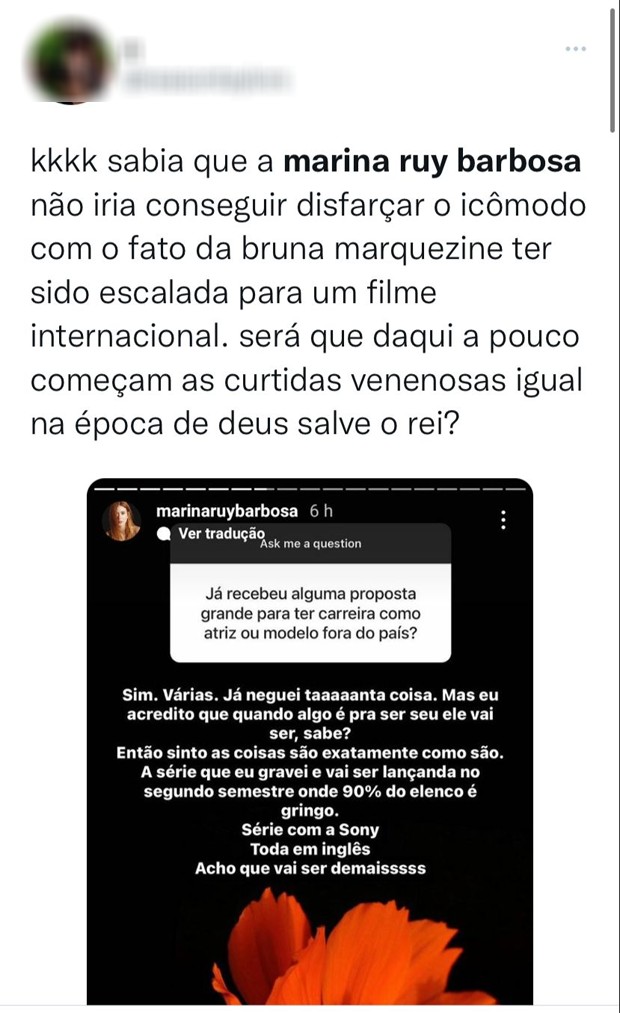 Publicação de Marina Ruy Barbosa divide opiniões na web (Foto: Reprodução/Twitter)