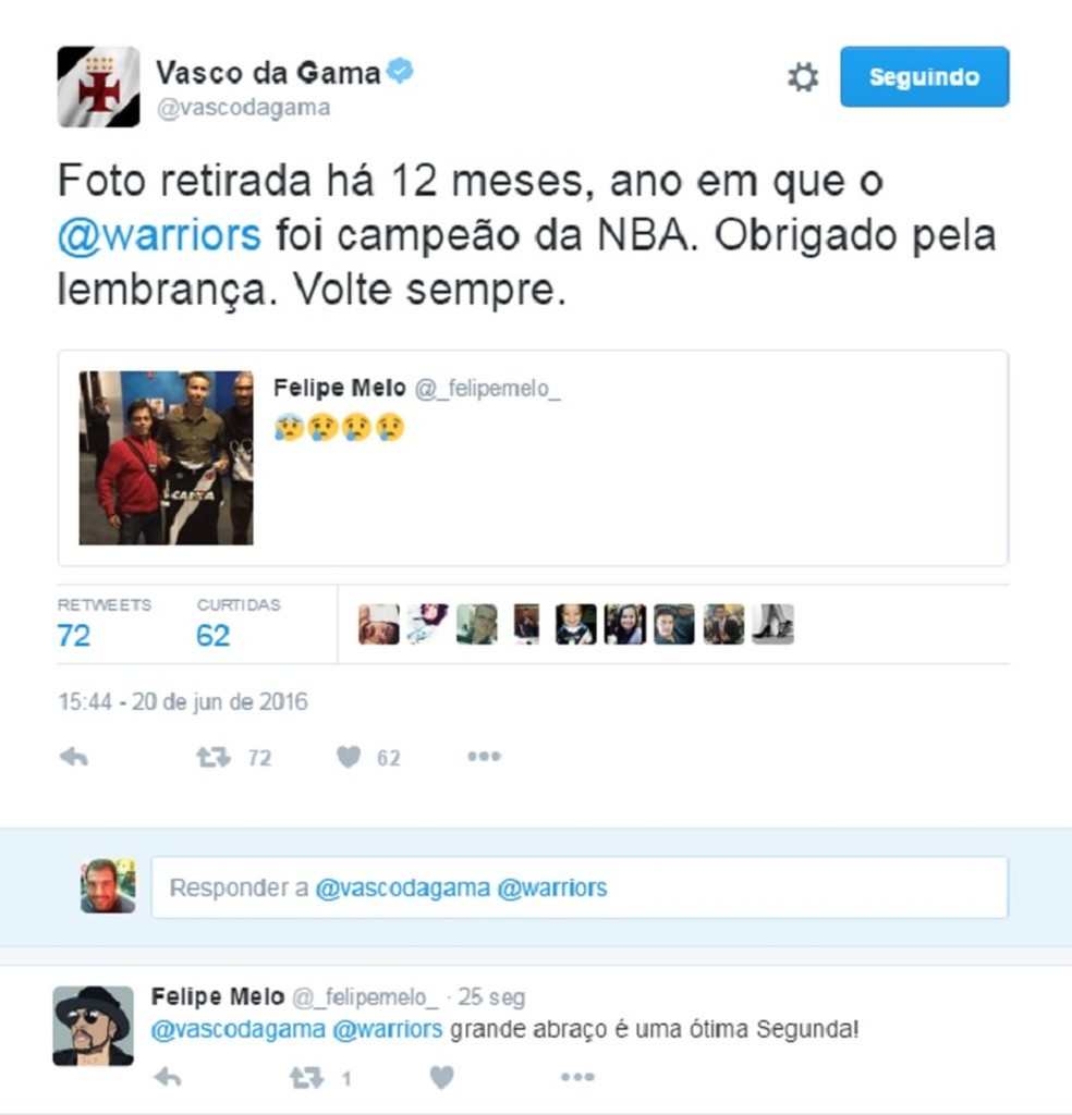 Felipe Melo tem "discussão" com a conta oficial do Vasco em 2016 — Foto: Reprodução/Twitter