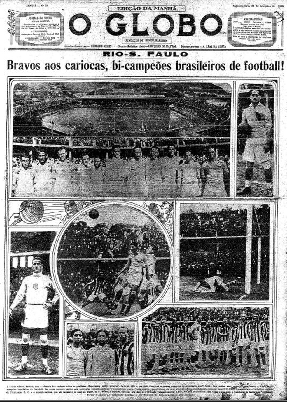 Capa do jornal O Globo do dia 21/09/1925, com o título da seleção Fla-Flu — Foto: Reprodução / O Globo