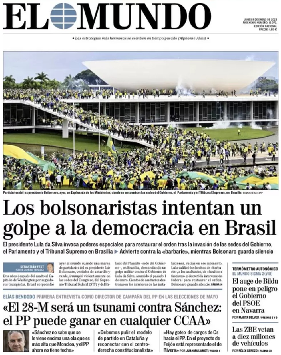 Capa do jornal El Mundo de 9 de janeiro de 2023. — Foto: Reprodução