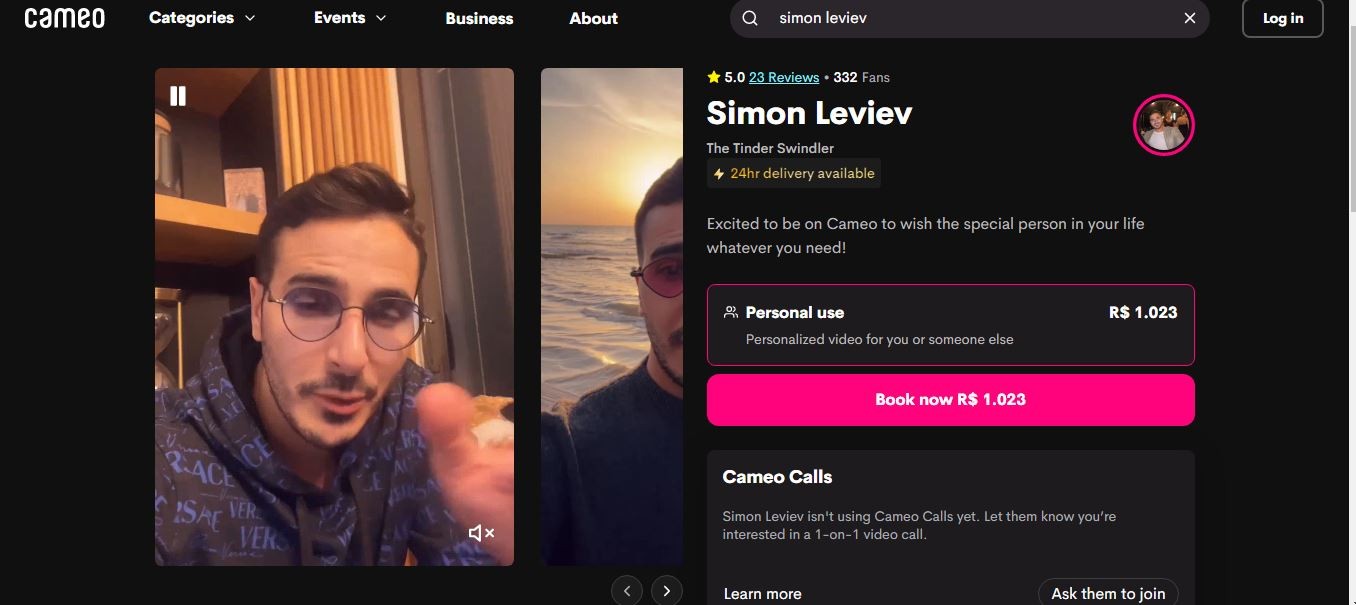 Shimon Hayut, mais conhecido como Simon Leviev, o Golpista do Tinder, criou perfil no Cameo (Foto: Reprodução / Cameo)