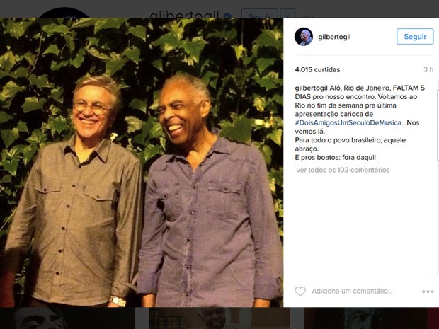 Gilberto Gil escreveu no Instagram que irá dar show domingo no Rio com Caetano Veloso (Foto: Reprodução/Instagram/Gilberto Gil)