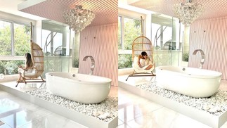 Banheiro envidraçado com balanço e banheira. Na foto, Maíra Cardi