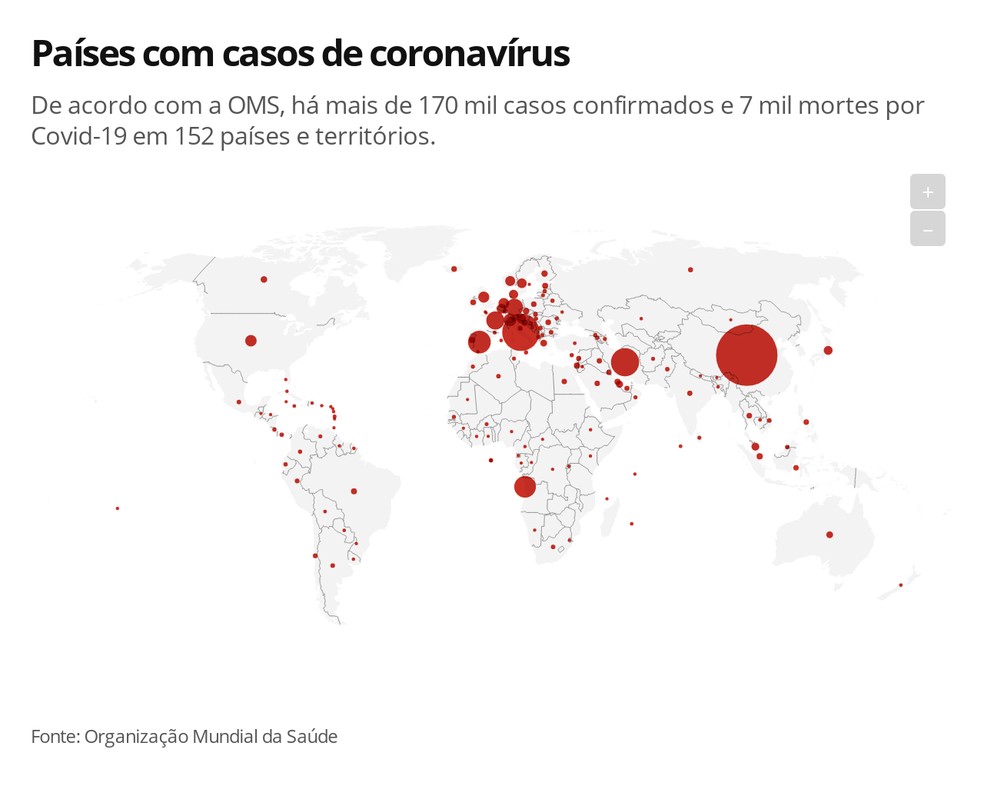 Mapa de países com casos de coronavírus — Foto: G 1