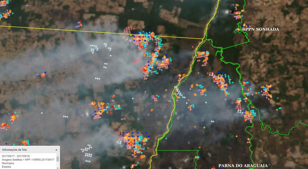 Fumaça densa revela novo desmatamento ao lado do Parque Nacional do Araguaia, onde há diversos focos de calor (Foto: Reprodução/Inpe)