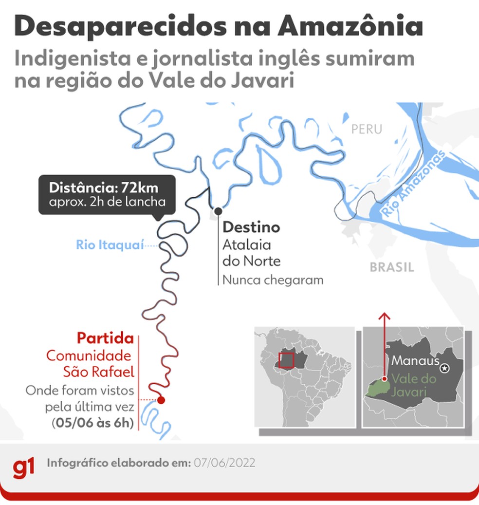 Mapa mostra onde jornalista e indigenista desapareceram na Amazônia — Foto: Arte/g1