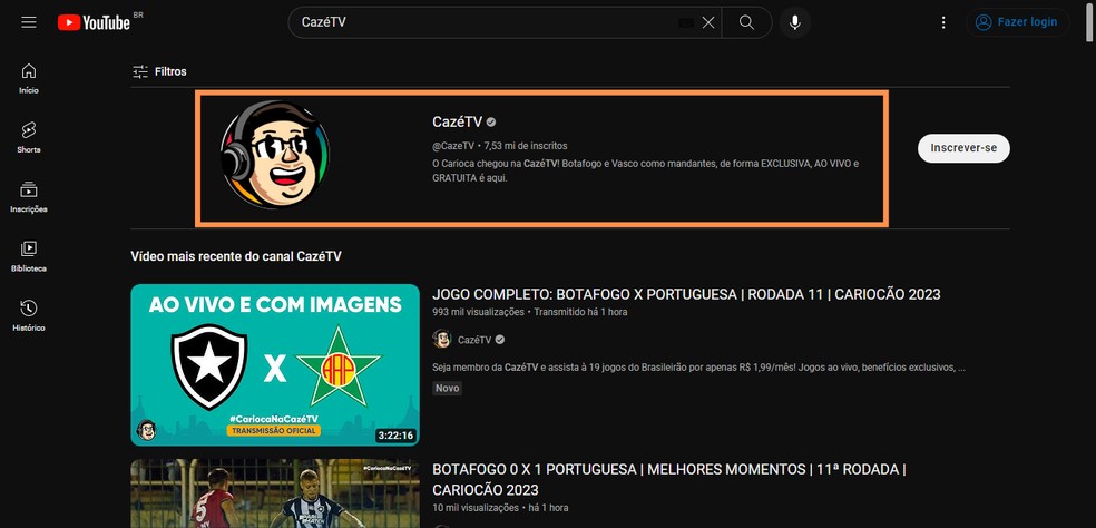 'Onde assistir ao jogo do Vasco hoje?' Busque por 'CazéTV' no YouTube para encontrar o canal do streamer — Foto: Reprodução/Róbson Martins