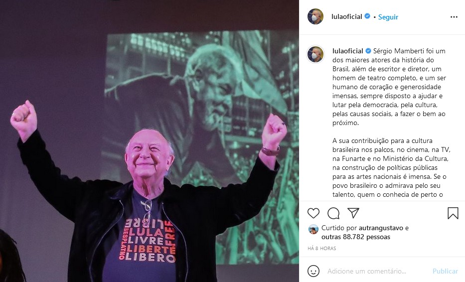 O post do ex-presidente Luiz Inácio Lula da Silva se despedindo de Sérgio Mamberti (Foto: Reprodução Instagram)
