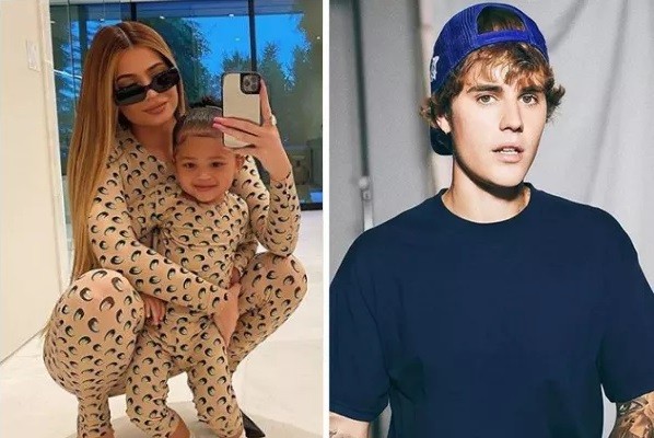 Kylie Jenner com a filha Stormi; e o cantor Justin Bieber (Foto: Instagram)