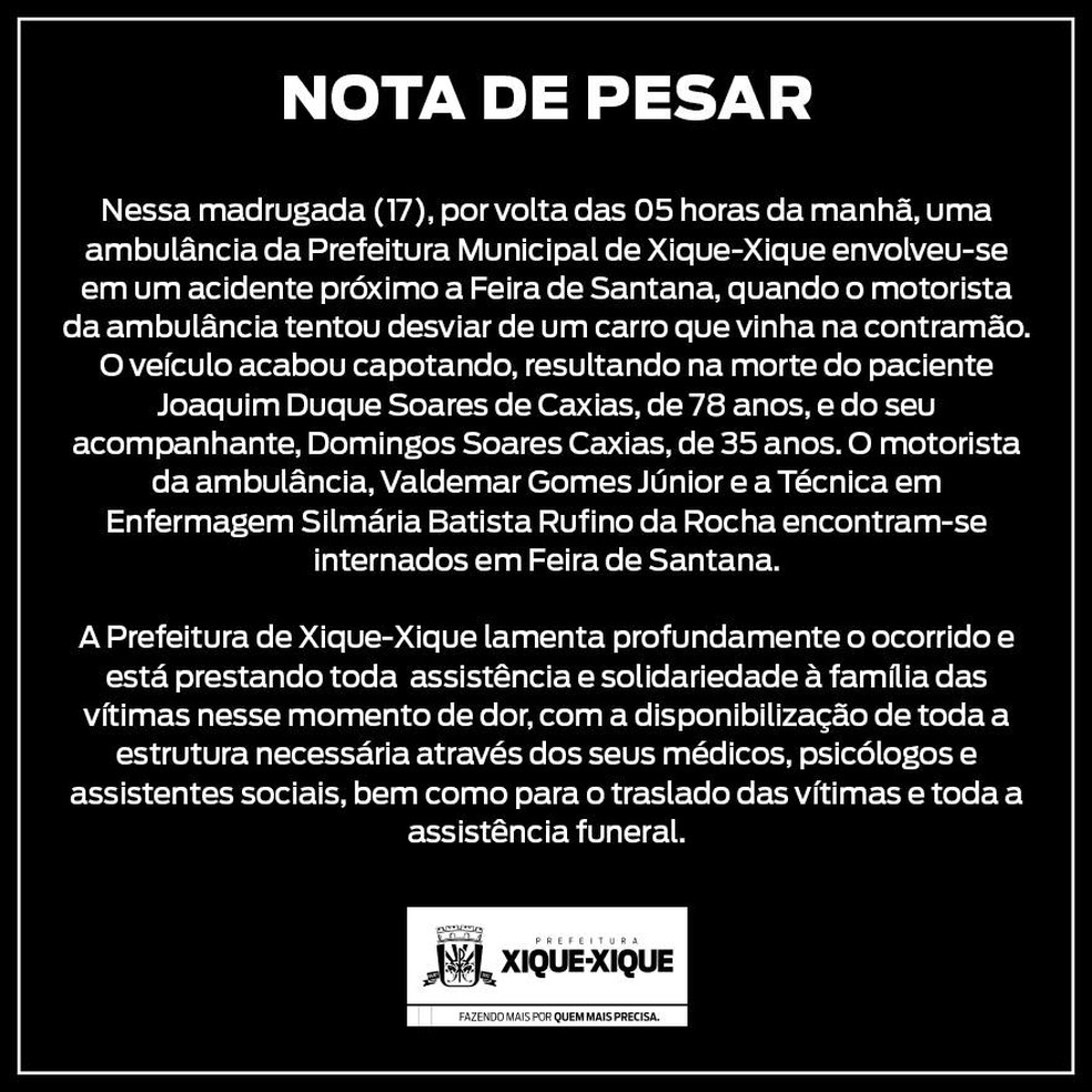 Nota de pesar — Foto: Reprodução/Facebook