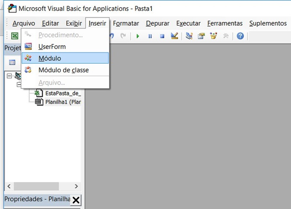 Use o menu do Visual Basic para inserir um módulo no Excel — Foto: Reprodução/Filipe Garrett