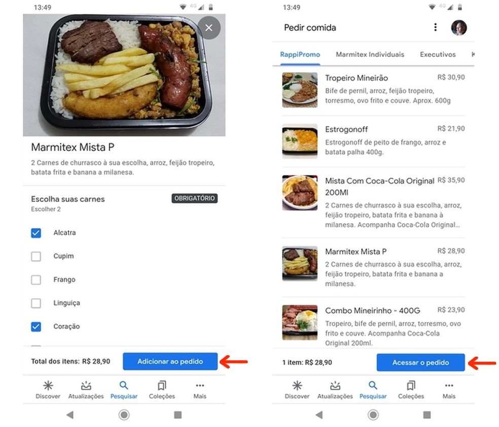 Inclusão de itens do cardápio ao carrinho para entrega de comida pelo app móvel do Google — Foto: Reprodução/Raquel Freire