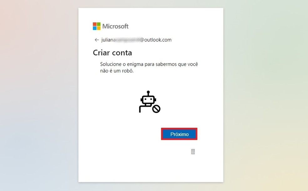 Clique em "Próximo" para dar seguimento ao cadastro na Microsoft — Foto: Reprodução/Juliana Campos