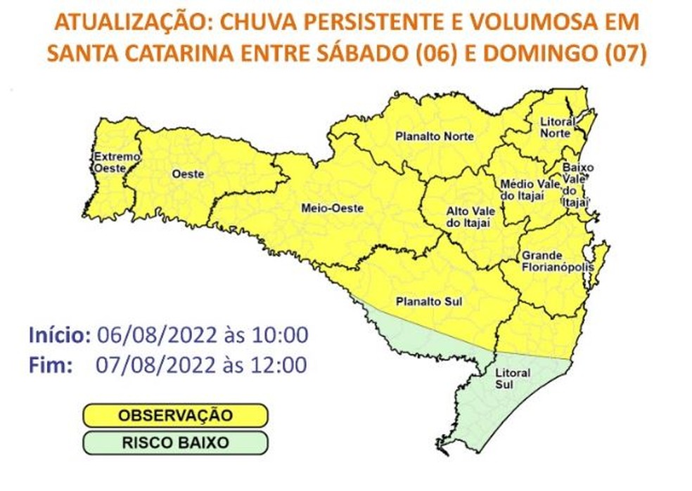 Defesa Civil alerta para chuva persistente na maior parte de SC — Foto: Defesa Civil/Divulgação