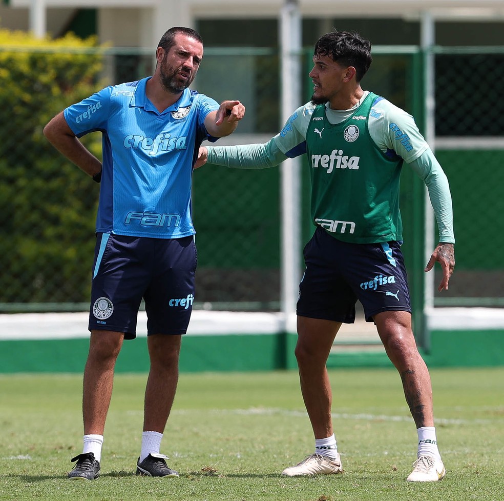 João Martins, auxiliar técnico do Palmeiras, e Gustavo Gómez — Foto: Cesar Greco