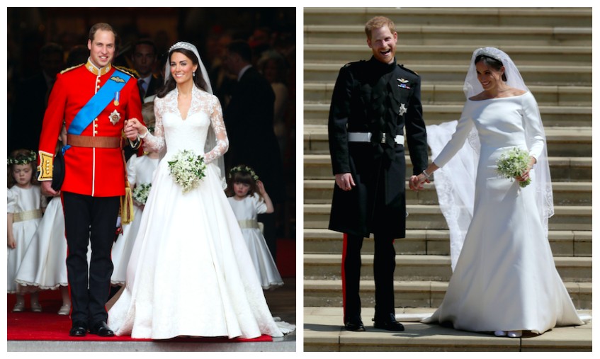 As duqusas Kate Middleton e Meghan Markle em seus vestidos de casamento (Foto: Getty Images)
