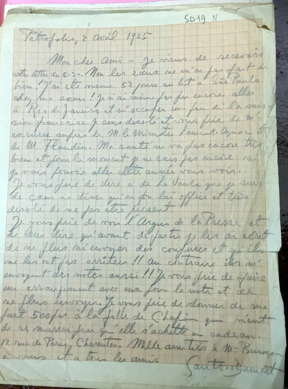 Carta de Santos Dumont escrita de Petrópolis não havia sido divulgada antes (Foto: Aéro-Club de France/Divulgação)