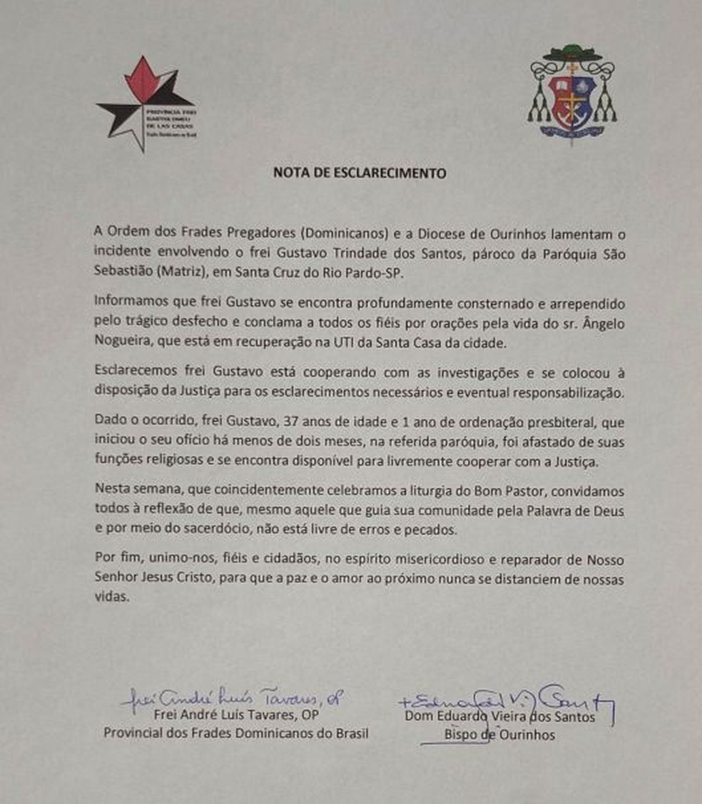 Nota divulgada pela Diocese nesta terça-feira sobre o atropelamento em Santa Cruz do Rio Pardo — Foto: Diocese de Ourinhos/ Reprodução