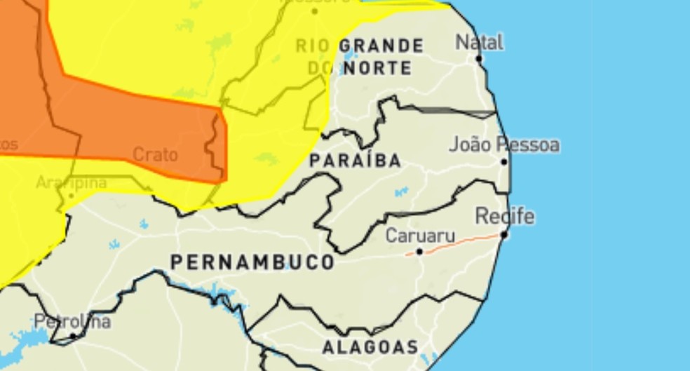 Inmet emite dois alertas com perigo de chuvas intensas para mais de 70 cidades da PB — Foto: Inmet/Divulgação