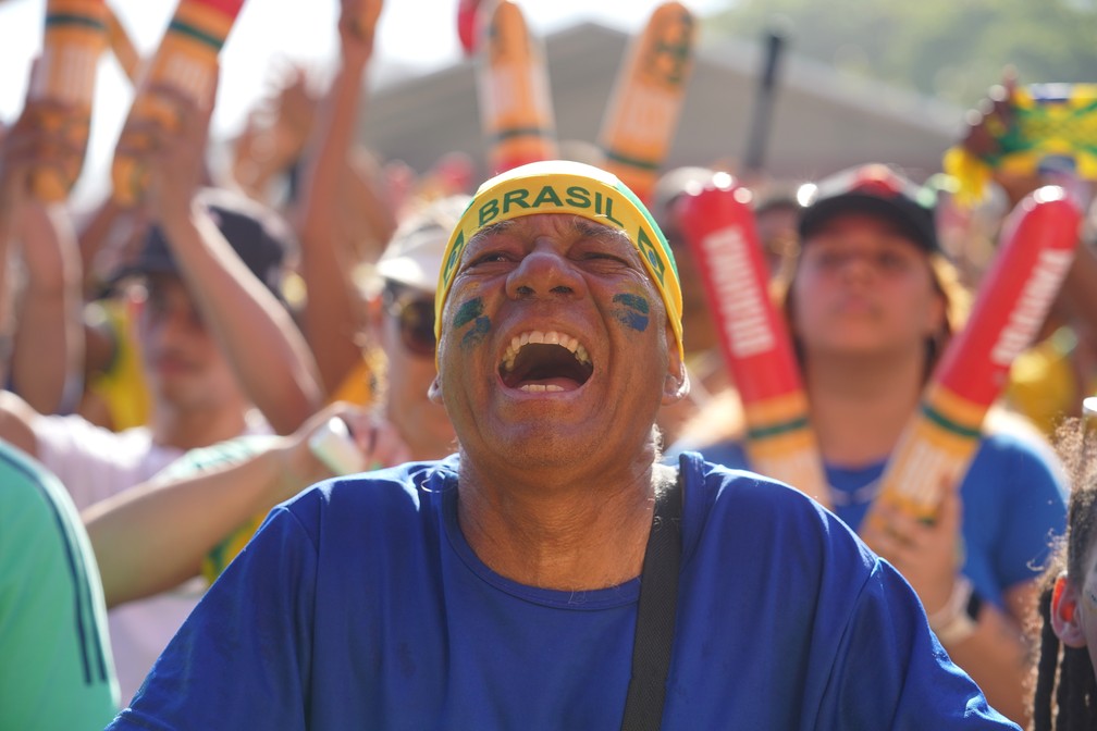 Torcedor tenta empurrar a Seleção no grito durante Brasil x Camarões no Fifa Fan Fest — Foto: Marcos Serra Lima/g1