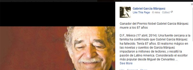 Post no Facebook oficial de García Márquez anuncia a morte do autor (Foto: Reprodução/Facebook/García Márquez)