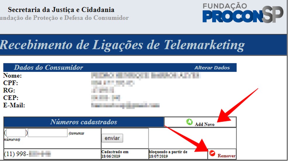 Adicione ou exclua números do seu cadastro no Procon-SP — Foto: Reprodução/Paulo Alves