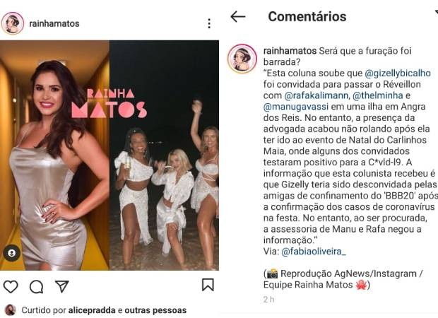Post feito por Rainha Matos, que Gizelly Bicalho comentou (Foto: Reprodução/Instagram)