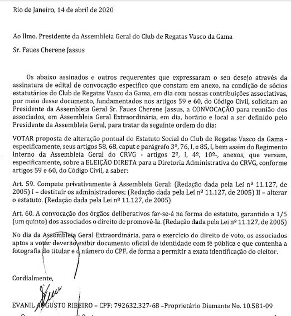 Documento foi entregue neste dia 14 de abril à presidência da Assembleia Geral — Foto: Reprodução