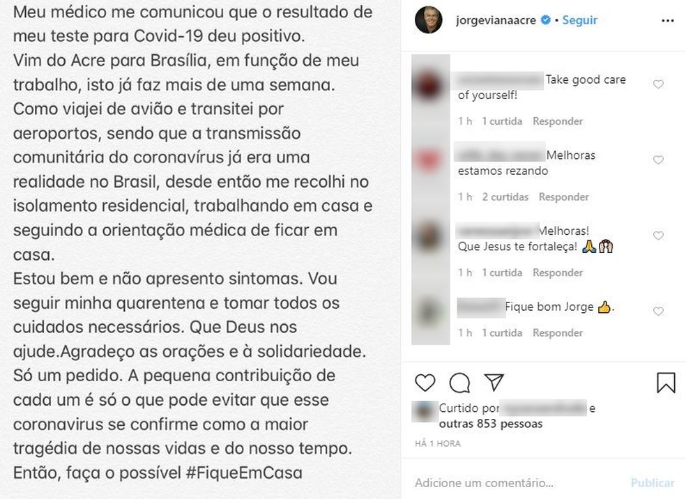 Jorge Viana usou as redes sociais para divulgar nota sobre seu estado de saúde  — Foto: Reprodução/Instagram 